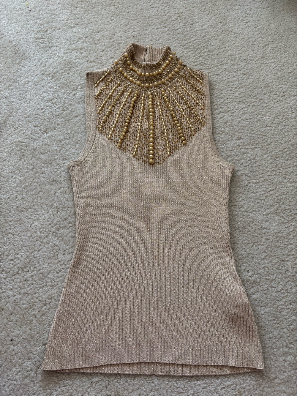 Cache Gold Beaded High Neck Knit Silk Top